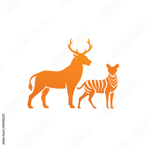 Vector silhouette of a majestic deer and a tiger standing side by side