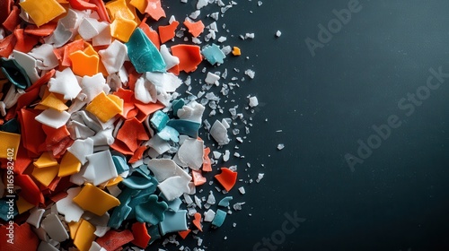 A dynamic collection of colorful plastic waste shavings scattered on a surface highlights environmental concerns, showcasing possibilities for recycling and sustainability in manufacturing. photo