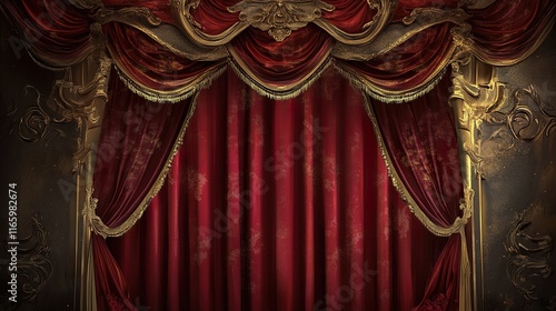 Majestic Red Velvet Theater Curtains, Gold Accents, Classic Stage Design