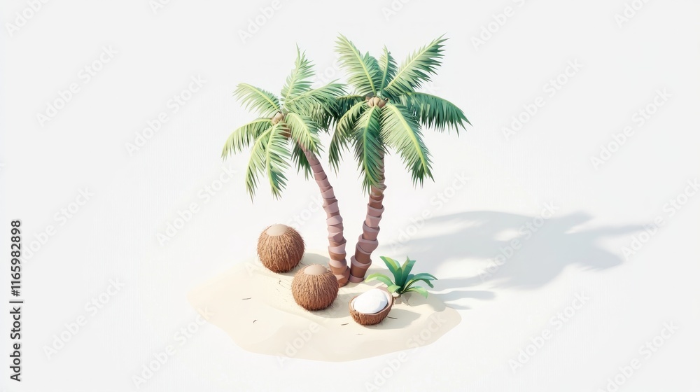 Obraz premium Two stylized palm trees on a small island with coconuts.