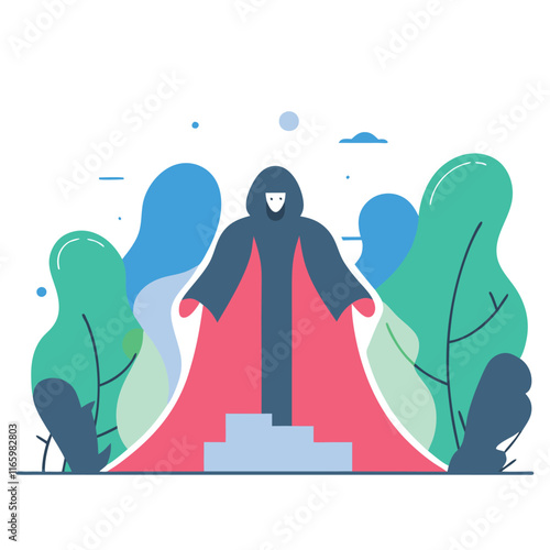 Mysterious Dark Hooded Figure in Flowing Crimson Cloak Abstract Art