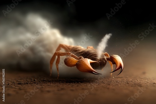 Dramatic Encounter A digital painting depicting the close up of a scorpion s venomous sting releasing a plume of alarm pheromones to deter predators photo