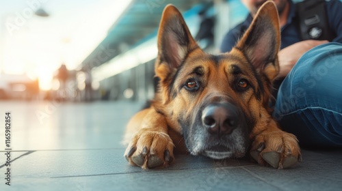 A serene German Shepherd rests on the airport floor, its expressive eyes capturing attention and evoking admiration in a bustling terminal environment filled with travelers. photo