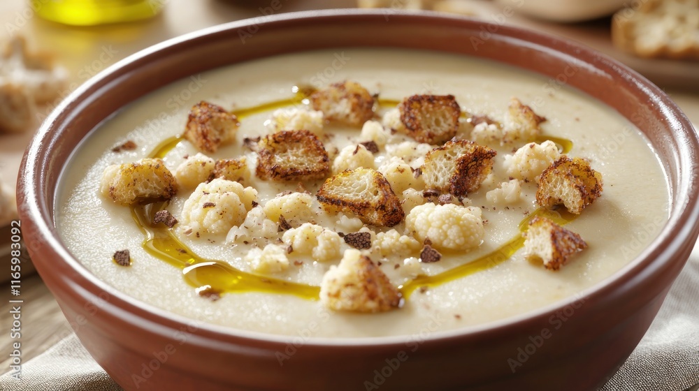Creamy soup topped with croutons and drizzled with olive oil. Creamy soup topped with croutons and drizzled with olive oil.
