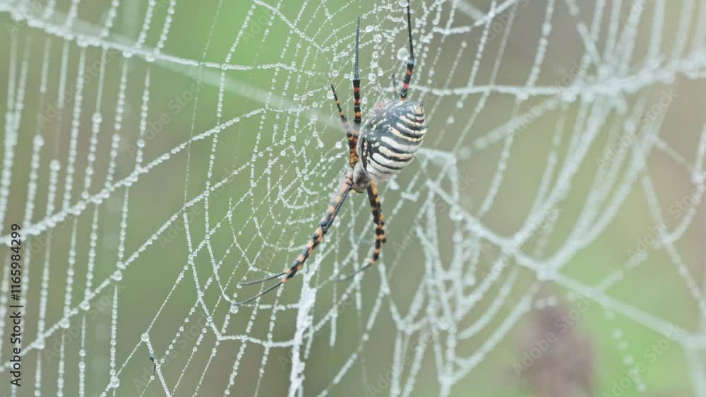 Static close-up of a tiger spider on a dewy web, viewed from below. The intricate web and water droplets create a stunning natural detail, ideal for nature and macro projects. Static close-up of a tiger spider on a dewy web, viewed from below. The intricate web and water droplets create a stunning natural detail, ideal for nature and macro projects.