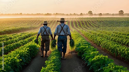 Farmers Walking Through Rows of Freshly Grown Crops on a Sunrise-Lit Field with Morning Haze

 photo