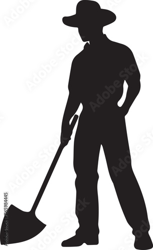 Silhouette of farmer holding a shovel black and white 