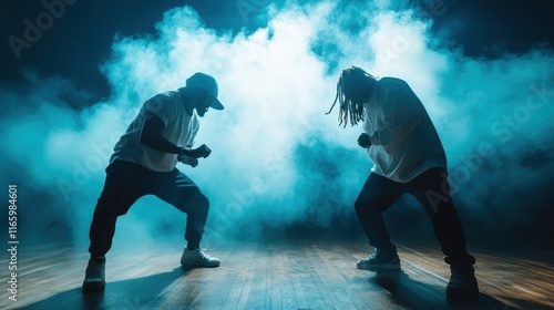 Two silhouetted figures engage in a dynamic dance showdown amidst a thick fog, conveying a sense of mystery and creativity in this captivating artistic performance. photo