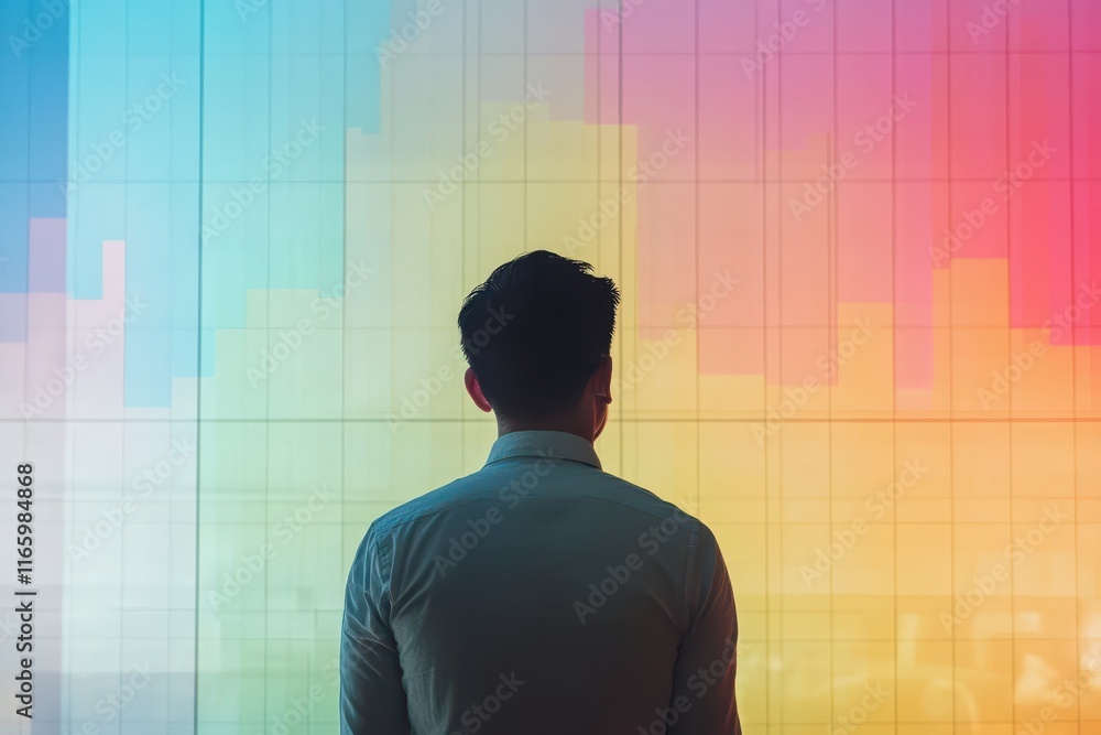 Business professional observes colorful data visualization on wall screen in modern office setting