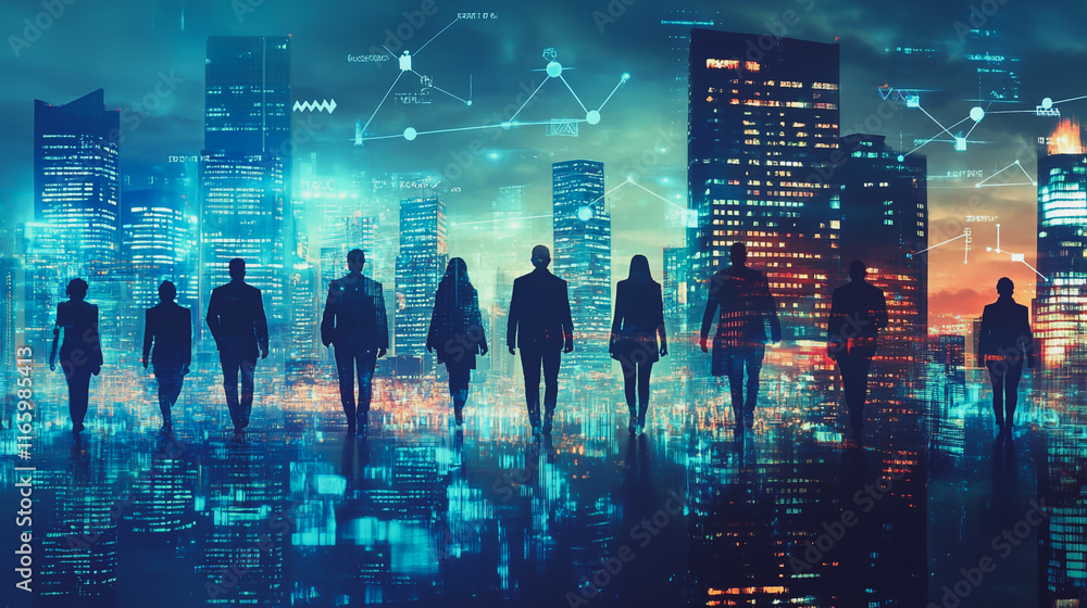 Obraz premium Abstract business team stands on the peak of success amid tall, innovative Smart city and graphs with statistics to analyze business potential and predict future developments in company growth.