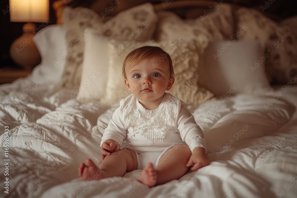 Sweet baby sitting on a cozy bed surrounded by soft pillows in warm lighting Sweet baby sitting on a cozy bed surrounded by soft pillows in warm lighting