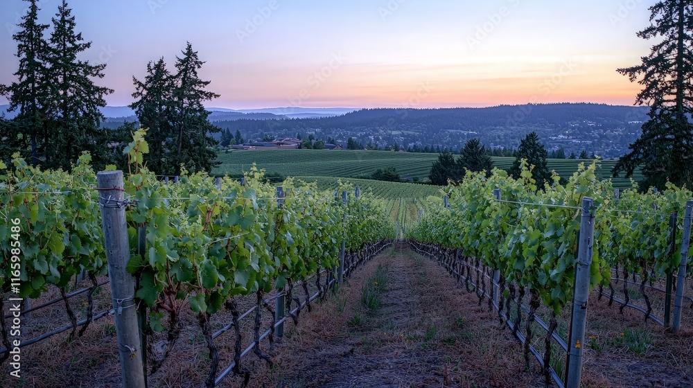 Naklejka premium Vineyard rows at sunset, overlooking a valley town.