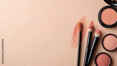 A collection of beauty products including blush, brushes, and a vivid color swatch arranged aesthetically, ideal for showcasing makeup artistry and cosmetic brands.