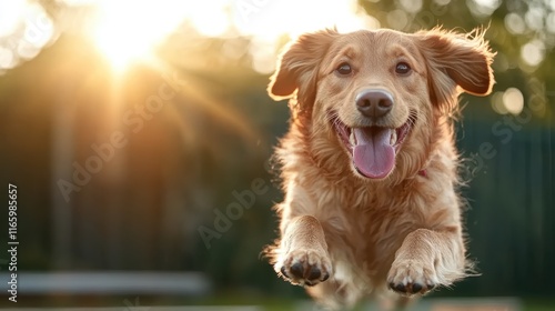 A joyful golden retriever leaps through the air on a bright sunny day, embodying happiness and playfulness, perfect for representing pet joy and outdoor fun. photo