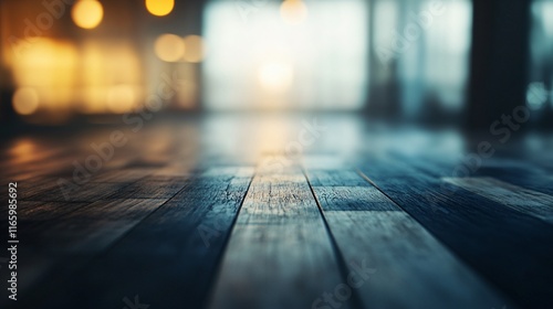 Blurry image of a wooden floor with a blue and yellow background. The floor appears to be wet and the lighting is dim photo