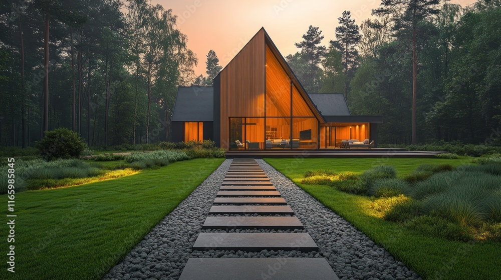 Modern house in forest at sunset. Modern house in forest at sunset.