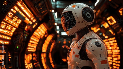 Futuristic robotic figure in a high-tech environment.