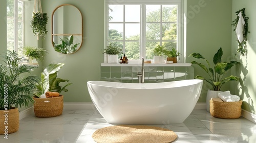 Modern green bathroom with freestanding tub, plants, and natural light.