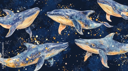 Watercolor painting of whales swimming in a starry night sky. photo