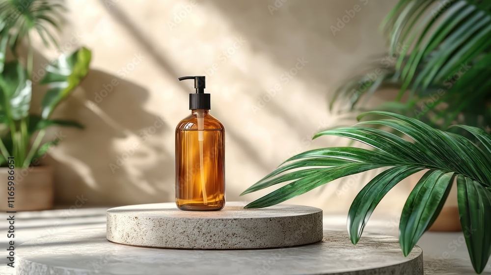 Amber bottle on a stone pedestal with greenery. Amber bottle on a stone pedestal with greenery.