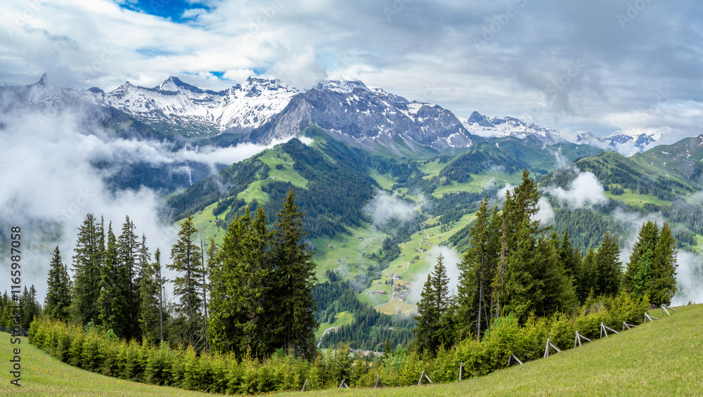 Obraz premium Adelboden town and valley from TxenchenAlp, Switzerland