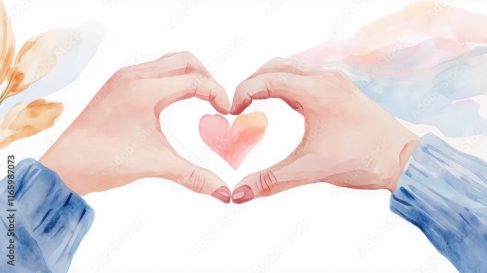 Obraz premium Two hands forming a heart shape, with a soft watercolor background, symbolizing love and connection.