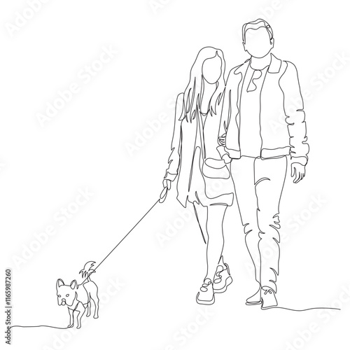 Couple with small dog walking. Continuous line drawing. Black and white vector illustration in line art style.