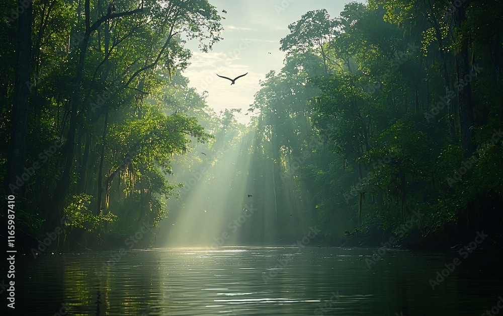 Sunbeams illuminate a tranquil river flowing through a lush, misty green forest. A bird soars overhead. Sunbeams illuminate a tranquil river flowing through a lush, misty green forest. A bird soars overhead.