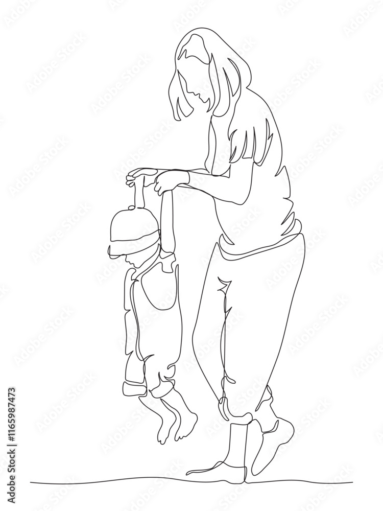 Mother with child having fun. Holding hands. Children Day. Continuous line drawing. Black and white vector illustration in line art style. Mother with child having fun. Holding hands. Children Day. Continuous line drawing. Black and white vector illustration in line art style.