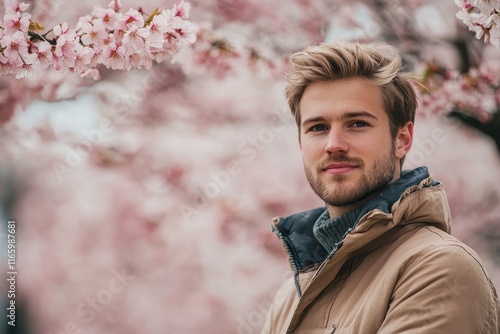 Young man enjoying springtime with cherry blossoms in full bloom at a park during daylight hours