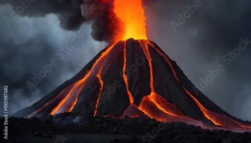 The equilibrium of tranquility and strength is exemplified as a volcano elegantly shifts into an eruptive phase, releasing its molten lava. photo