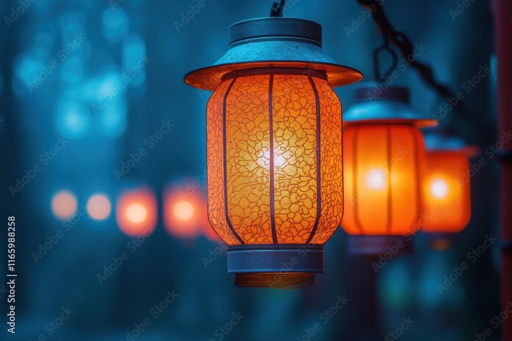 Three orange lanterns hanging from a tree Three orange lanterns hanging from a tree