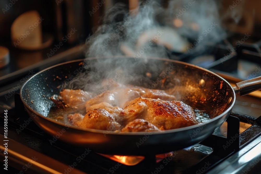 Cooking chicken in a skillet on the stove generating steam and aroma in a cozy kitchen setting Cooking chicken in a skillet on the stove generating steam and aroma in a cozy kitchen setting