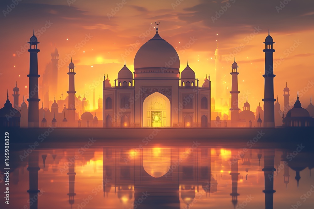 Fototapeta premium Majestic Mosque at Sunset Golden Cityscape Reflection