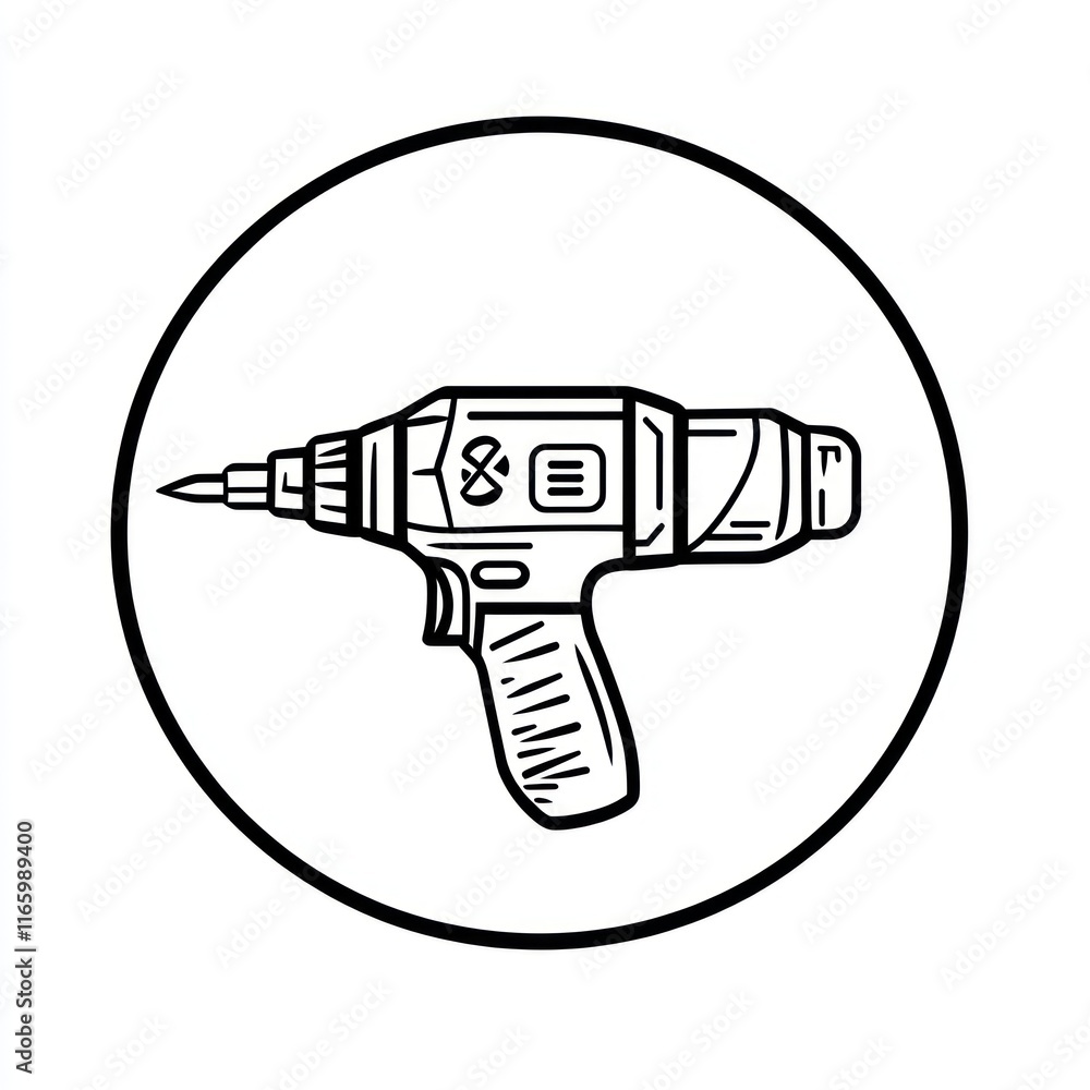 A cordless drill illustration within a circular frame A cordless drill illustration within a circular frame