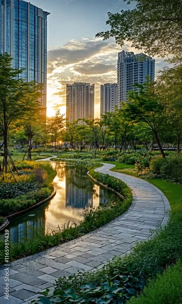Serene urban landscape at sunset, showcasing winding path beside reflective waterway, embraced by lush greenery and towering skyscrapers, where nature and architecture harmoniously coexist. Serene urban landscape at sunset, showcasing winding path beside reflective waterway, embraced by lush greenery and towering skyscrapers, where nature and architecture harmoniously coexist.