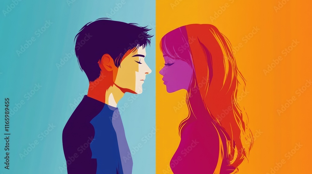 Couple flat design side view intimate theme cartoon drawing Split-complementary color scheme Couple flat design side view intimate theme cartoon drawing Split-complementary color scheme