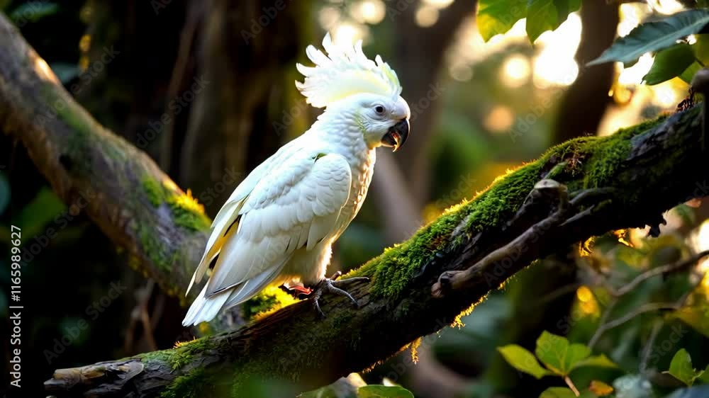 Graceful White Cockatoo Perched on a Mossy Branch in a Lush Setting Graceful White Cockatoo Perched on a Mossy Branch in a Lush Setting