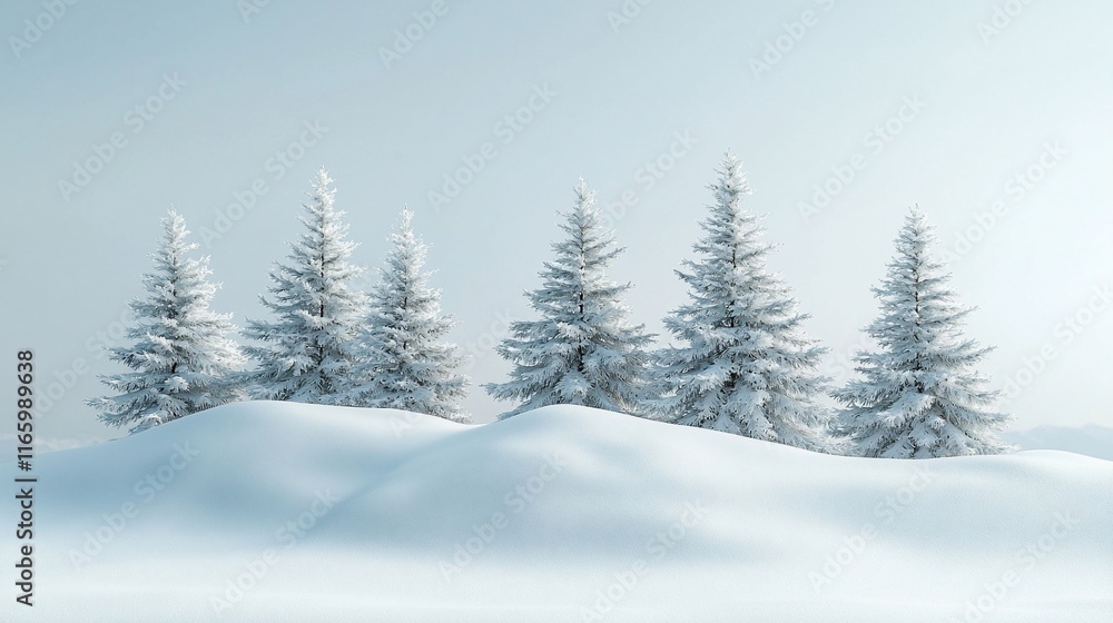 Snowy landscape with four snow-covered evergreen trees on a hill. Snowy landscape with four snow-covered evergreen trees on a hill.
