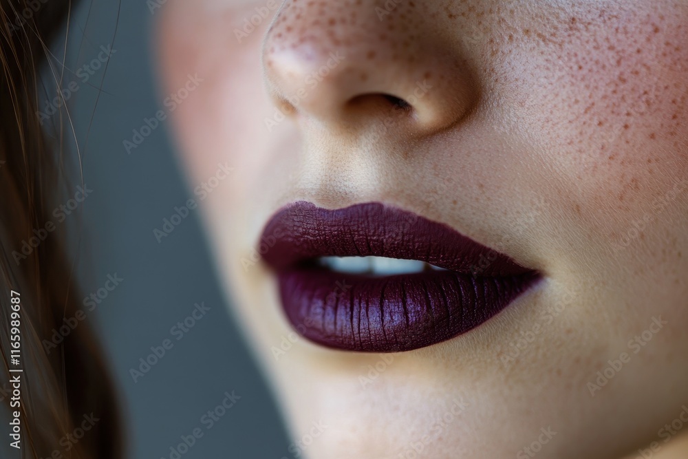 Obraz premium Close-up view of a woman's lips with deep purple lipstick and freckles against a soft background