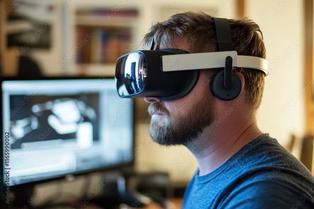 Man using virtual reality headset in a home office during the evening while working on computer projects Man using virtual reality headset in a home office during the evening while working on computer projects