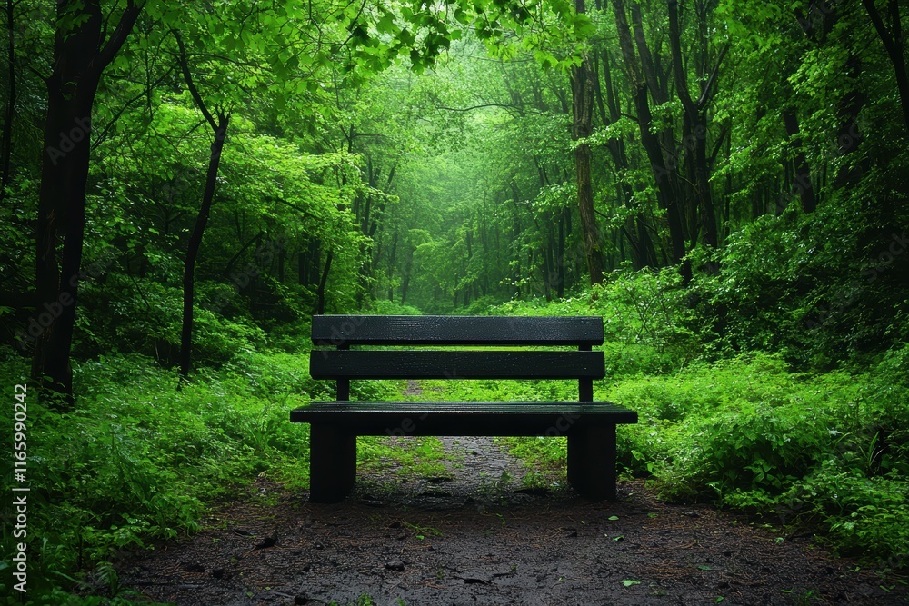 Bench is sitting in a forest with trees and bushes surrounding it Bench is sitting in a forest with trees and bushes surrounding it