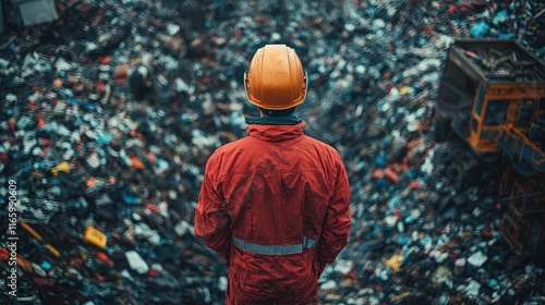 Worker overlooking a junkyard filled with debris. photo