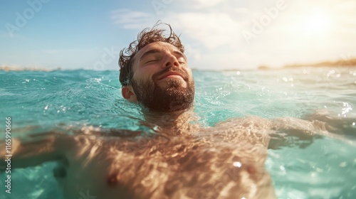 Wallpaper Mural A peaceful man floating in clear blue water during sunset, embodying relaxation, tranquility, and the ultimate escape into nature's soothing embrace. Torontodigital.ca