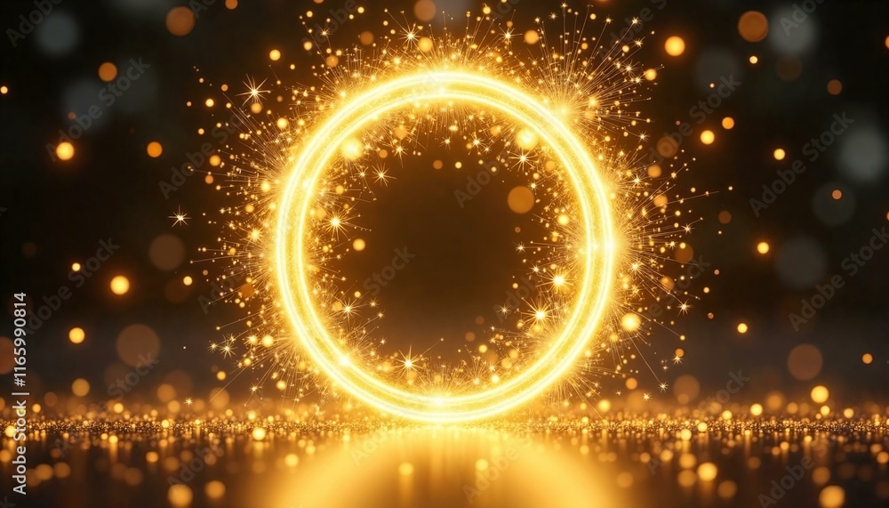 Luminous gold circle with twinkling stars and glitter particles in elegant digital design Luminous gold circle with twinkling stars and glitter particles in elegant digital design