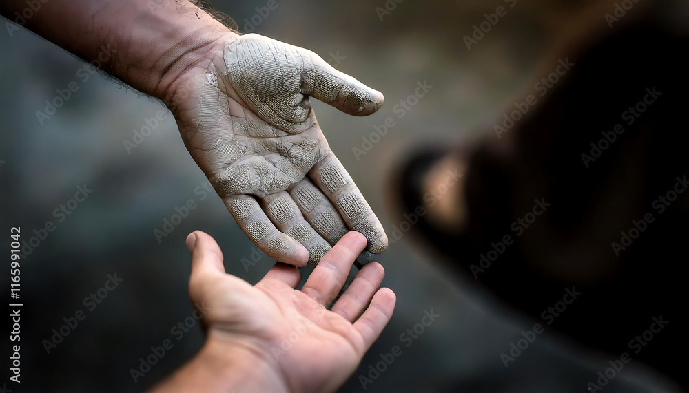 Close-up of two hands reaching towards each other, one covered in dust, symbolizing connection, support, and teamwork. Perfect for concepts of collaboration, assistance, and human interaction. Close-up of two hands reaching towards each other, one covered in dust, symbolizing connection, support, and teamwork. Perfect for concepts of collaboration, assistance, and human interaction.