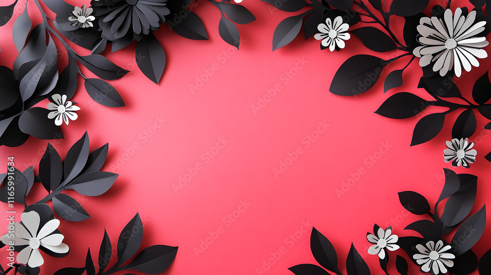 A vivid pink banner adorned with elegant black and white floral paper cut art. The corner frame is decorated with leaves and flowers. Top view, flat lay, with space for text A vivid pink banner adorned with elegant black and white floral paper cut art. The corner frame is decorated with leaves and flowers. Top view, flat lay, with space for text