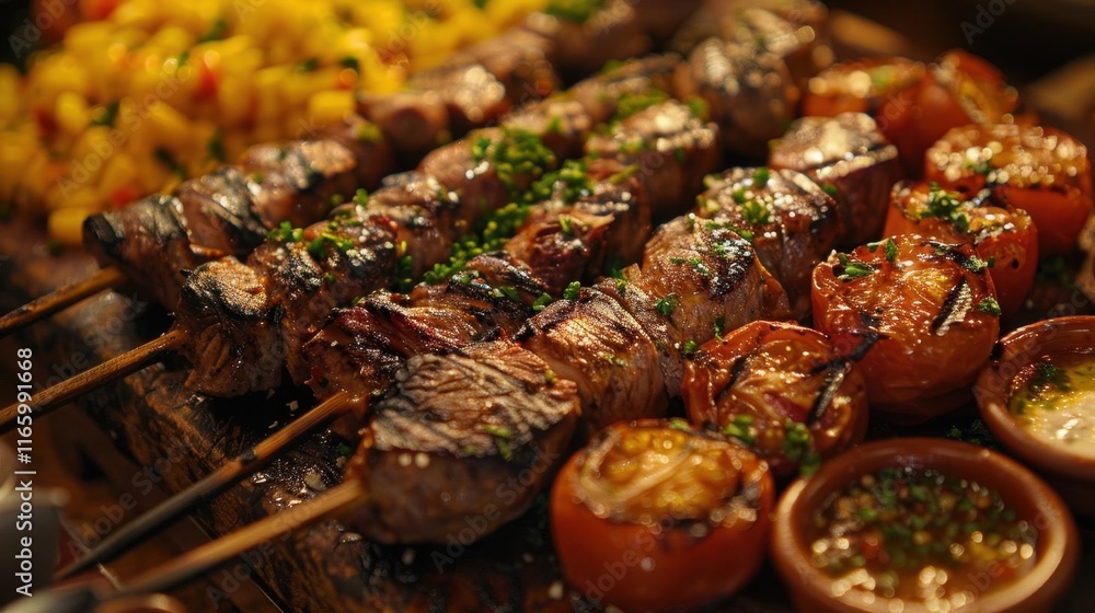 Grilled Meat Skewers with Roasted Tomatoes and Sauce Grilled Meat Skewers with Roasted Tomatoes and Sauce