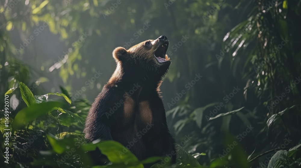 Obraz premium A brown bear roars in a lush green forest, sunlight filtering through the leaves.