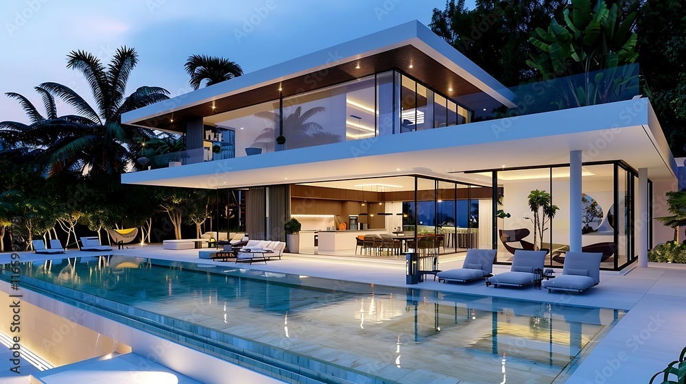 Fototapeta premium Modern villa with swimming pool at dusk. Luxury house in the evening